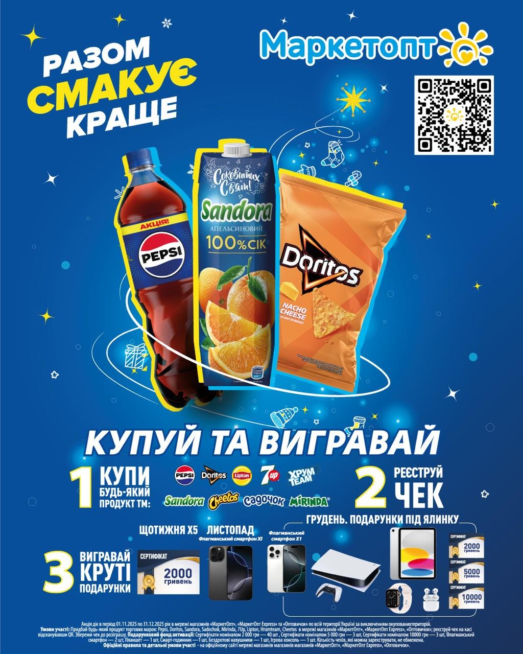 Маркетопт Дарує разом з PepsiCo: третій розіграш акції “РАЗОМ СМАКУЄ КРАЩЕ” 24.11.25 проведено!